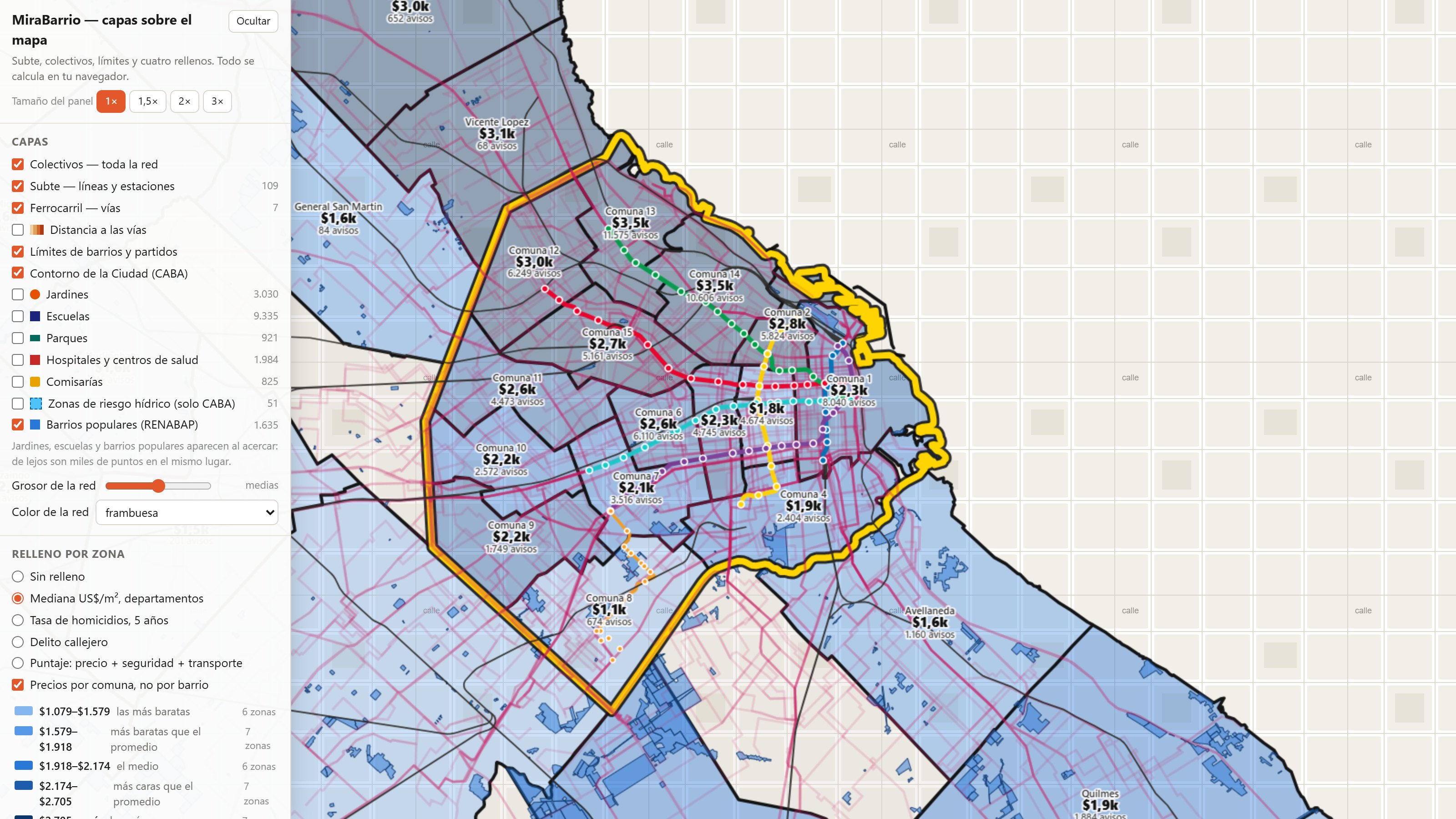Capa de MiraBarrio sobre el mapa de Zonaprop: mediana de US$/m² por comuna